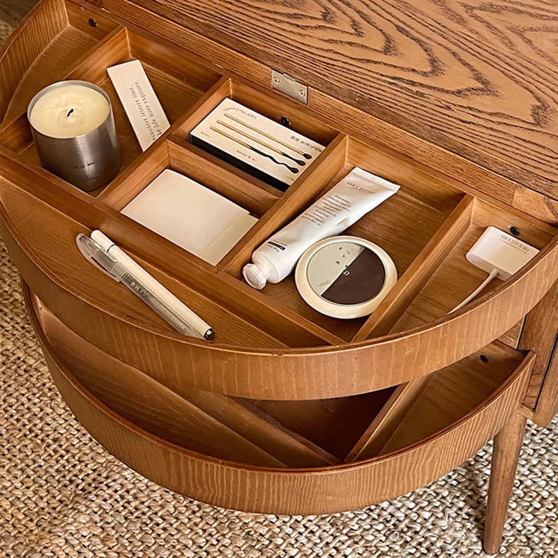 Contemporary Retro Square Semicircle Rotatable Jewelry Storage Red Oak Plywood Side Table 3 - Tier For Living Room