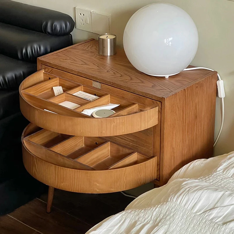 Contemporary Retro Square Semicircle Rotatable Jewelry Storage Red Oak Plywood Side Table 3 - Tier For Living Room
