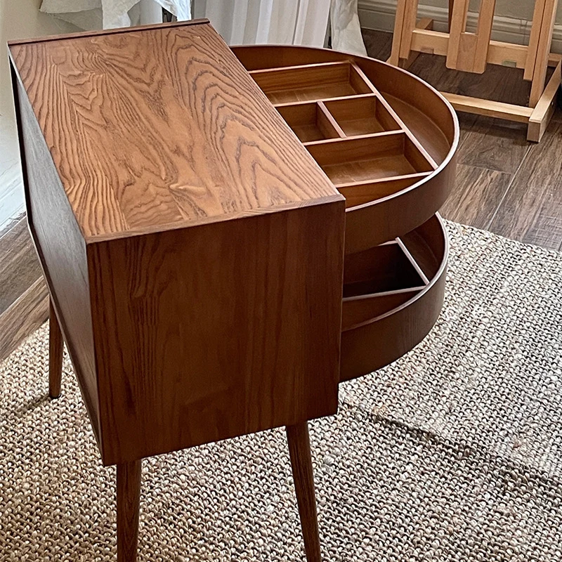 Contemporary Retro Square Semicircle Rotatable Jewelry Storage Red Oak Plywood Side Table 3 - Tier For Living Room