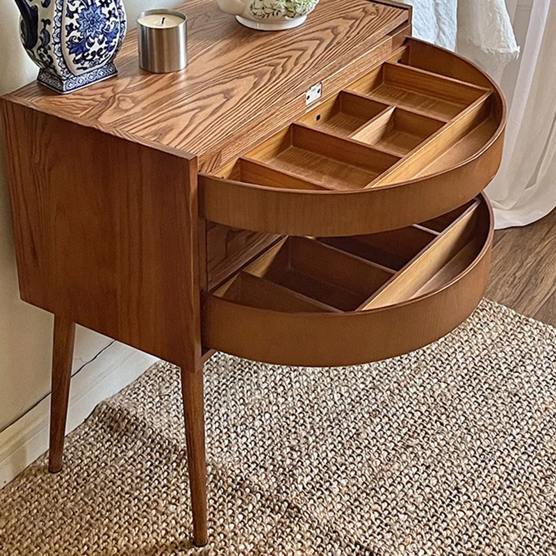 Contemporary Retro Square Semicircle Rotatable Jewelry Storage Red Oak Plywood Side Table 3 - Tier For Living Room