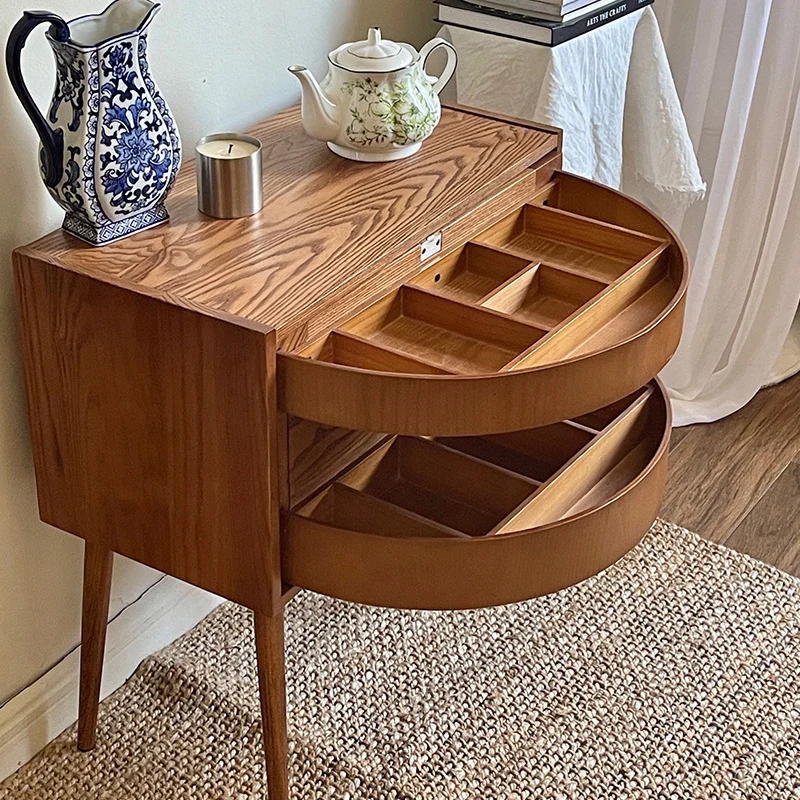 Contemporary Retro Square Semicircle Rotatable Jewelry Storage Red Oak Plywood Side Table 3 - Tier For Living Room