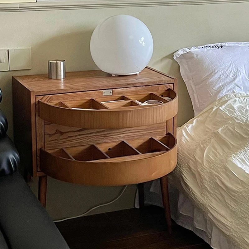 Contemporary Retro Square Semicircle Rotatable Jewelry Storage Red Oak Plywood Side Table 3 - Tier For Living Room