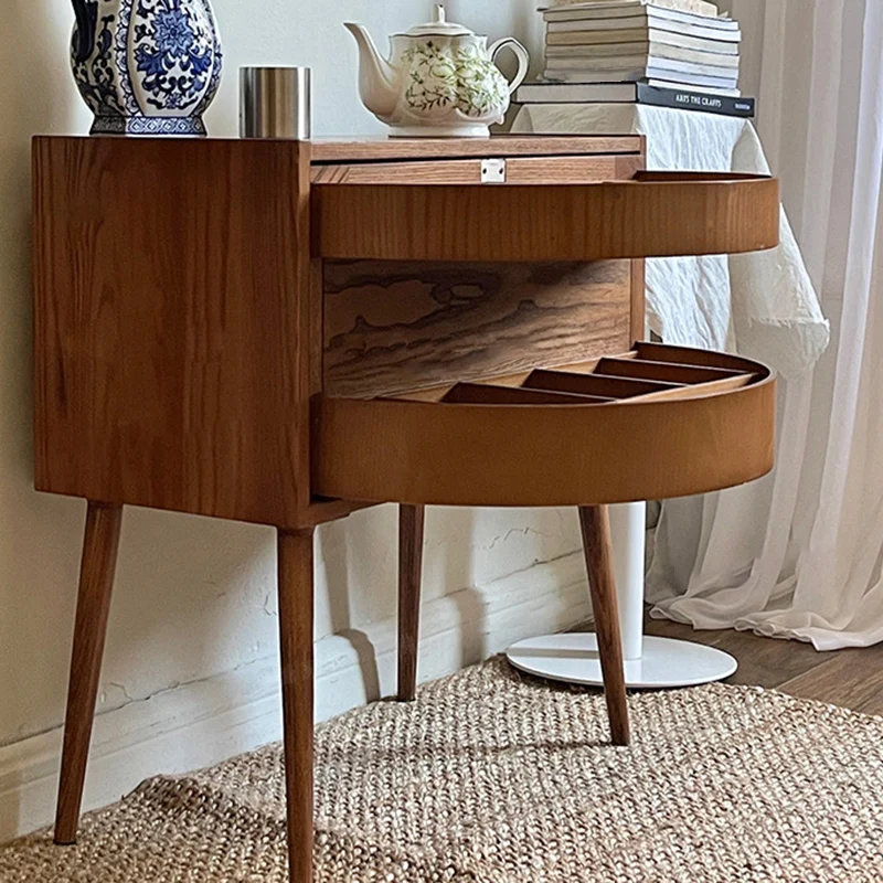 Contemporary Retro Square Semicircle Rotatable Jewelry Storage Red Oak Plywood Side Table 3 - Tier For Living Room