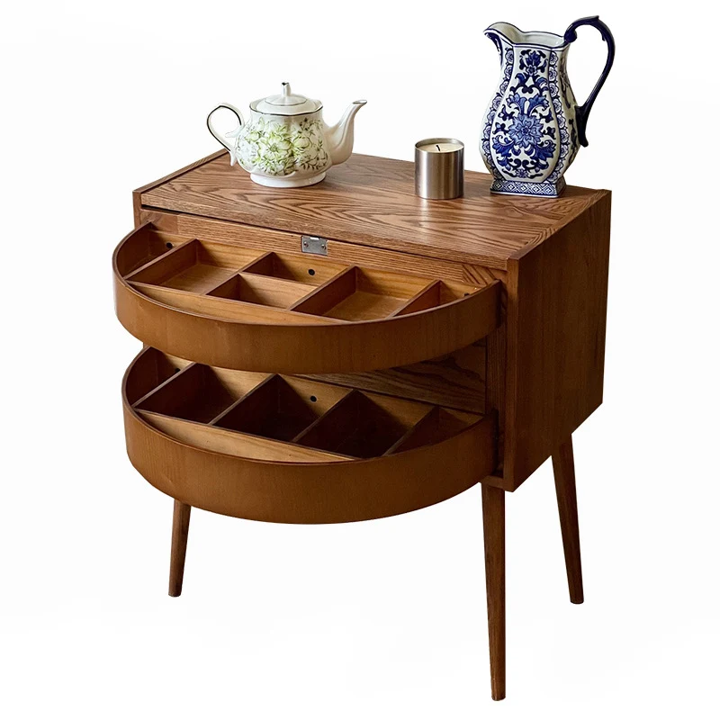 Contemporary Retro Square Semicircle Rotatable Jewelry Storage Red Oak Plywood Side Table 3 - Tier For Living Room