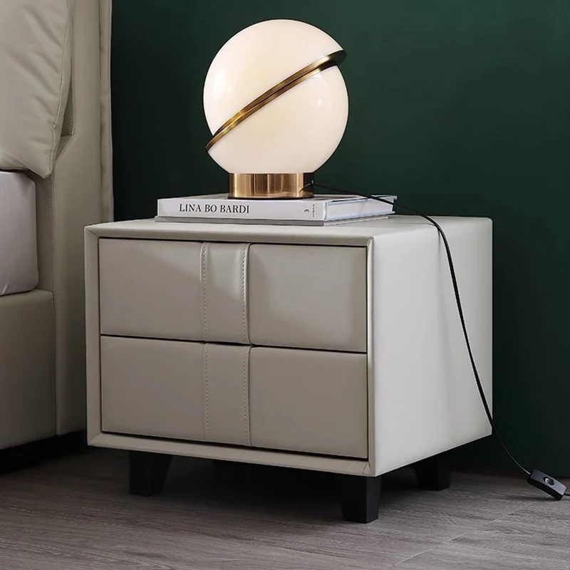 Contemporary Scandinavian Square Cube Pine Medium Density Fiberboard PU Leather Nightstand 2 - Drawer For Bedroom