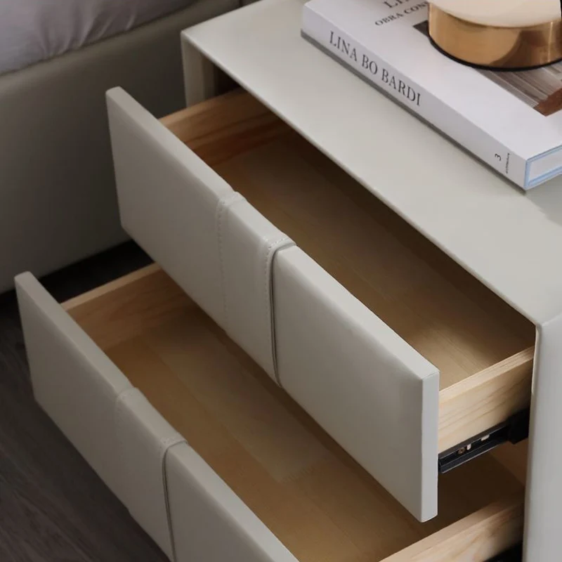 Contemporary Scandinavian Square Cube Pine Medium Density Fiberboard PU Leather Nightstand 2 - Drawer For Bedroom