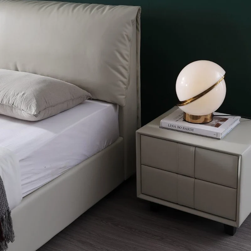 Contemporary Scandinavian Square Cube Pine Medium Density Fiberboard PU Leather Nightstand 2 - Drawer For Bedroom