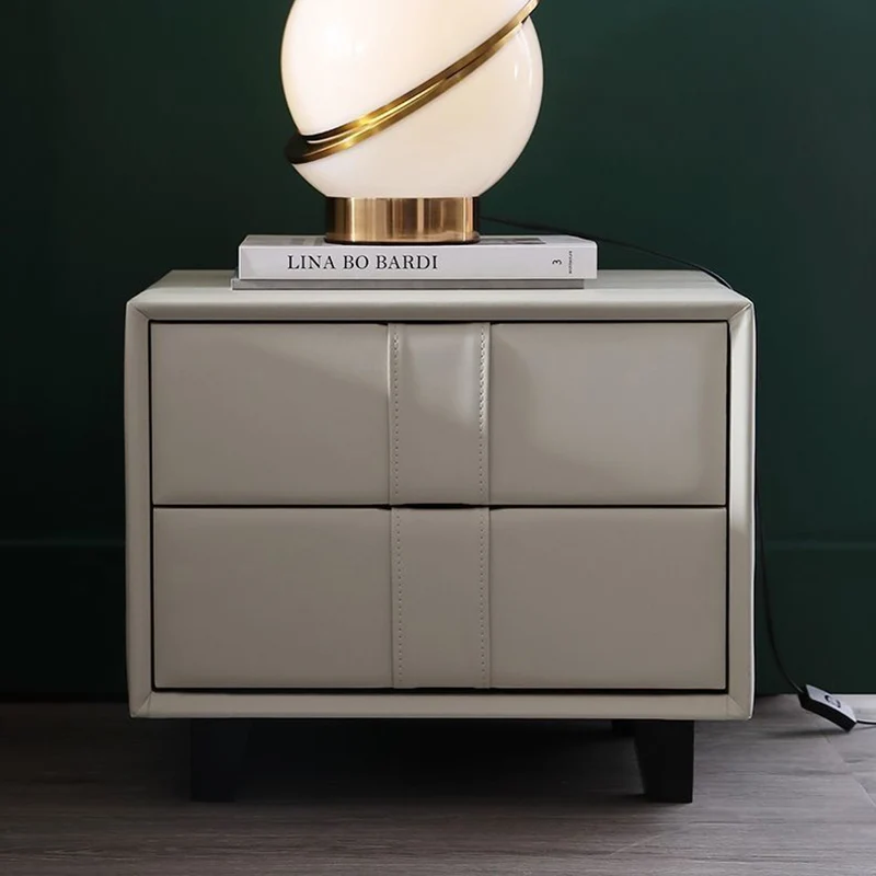 Contemporary Scandinavian Square Cube Pine Medium Density Fiberboard PU Leather Nightstand 2 - Drawer For Bedroom