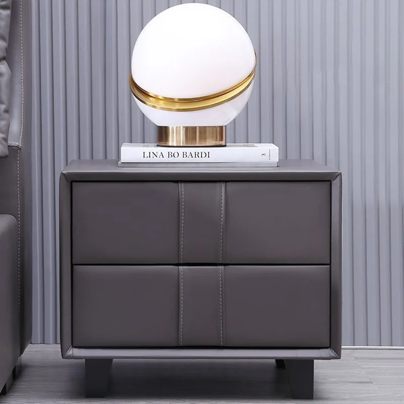 Contemporary Scandinavian Square Cube Pine Medium Density Fiberboard PU Leather Nightstand 2 - Drawer For Bedroom