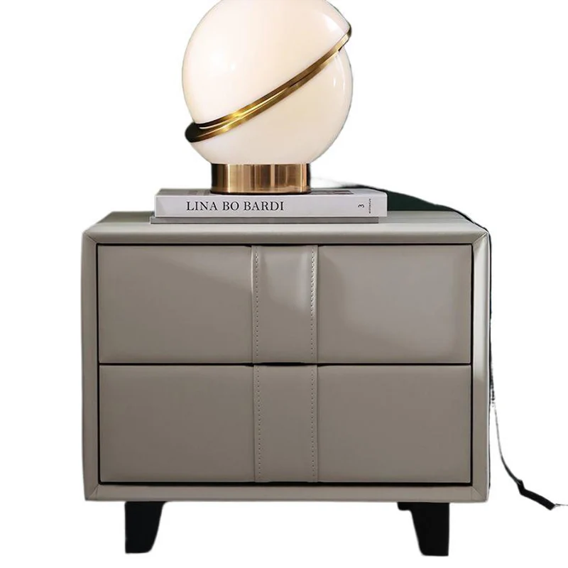 Contemporary Scandinavian Square Cube Pine Medium Density Fiberboard PU Leather Nightstand 2 - Drawer For Bedroom