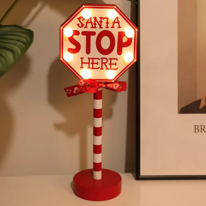Contemporary Creative Christmas Road Sign Decoration Wooden Metal LED Table Lamp For Living Room