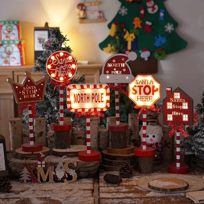 Contemporary Creative Christmas Road Sign Decoration Wooden Metal LED Table Lamp For Living Room