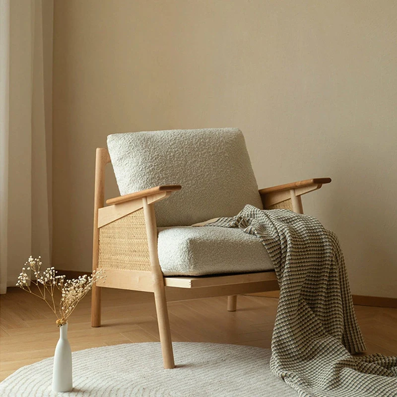 Contemporary Scandinavian Square Rattan Ash Wood Accent Chair Backrest For Living Room