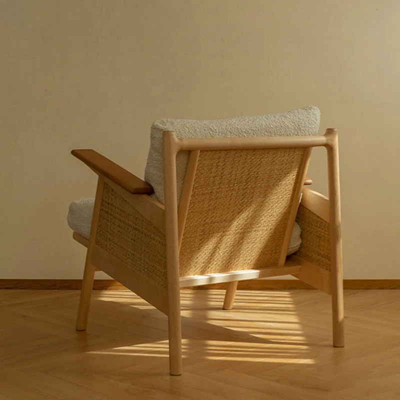 Contemporary Scandinavian Square Rattan Ash Wood Accent Chair Backrest For Living Room