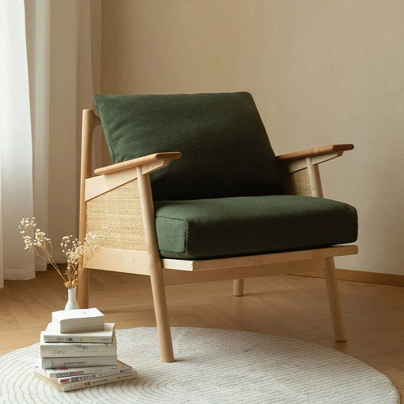Contemporary Scandinavian Square Rattan Ash Wood Accent Chair Backrest For Living Room