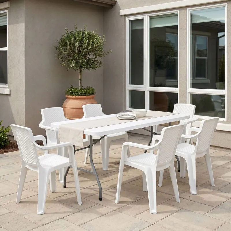 Combo Banquetero, 1 Mesa Banquetera, 6 Sillas Eterna con Brazos Blanco Arena