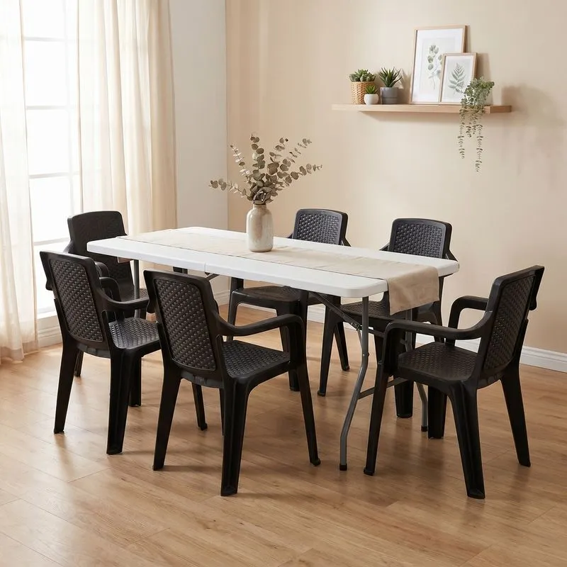 Combo Banquetero, 1 Mesa Banquetera, 6 Sillas Eterna con Brazos Negro