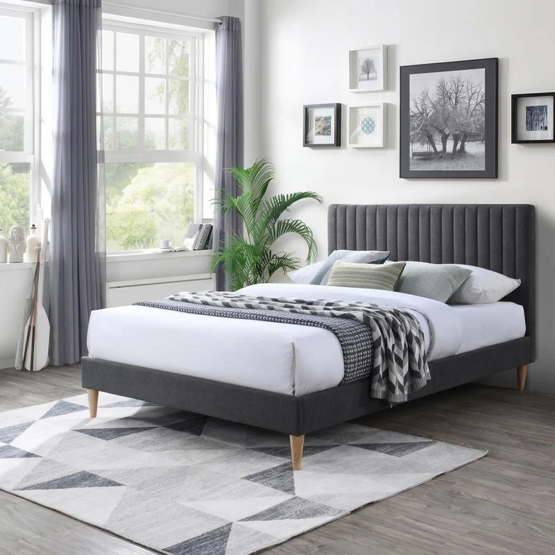 Cama Doble Tania, Gris Oscuro, Madera Roble Tapizada