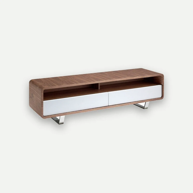 TV cabinet in white, walnut and chrome-plated steel
