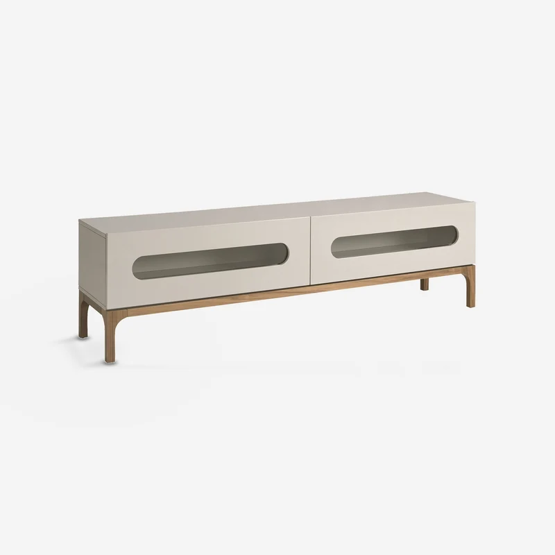 Grey and walnut wood TV cabinet with interior lighting
