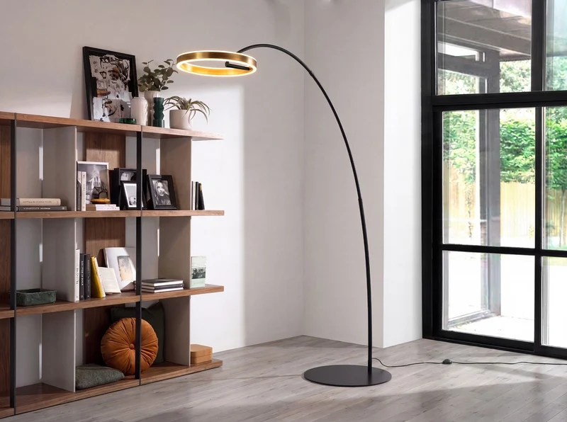 Arched LED floor lamp with gold ring and black steel