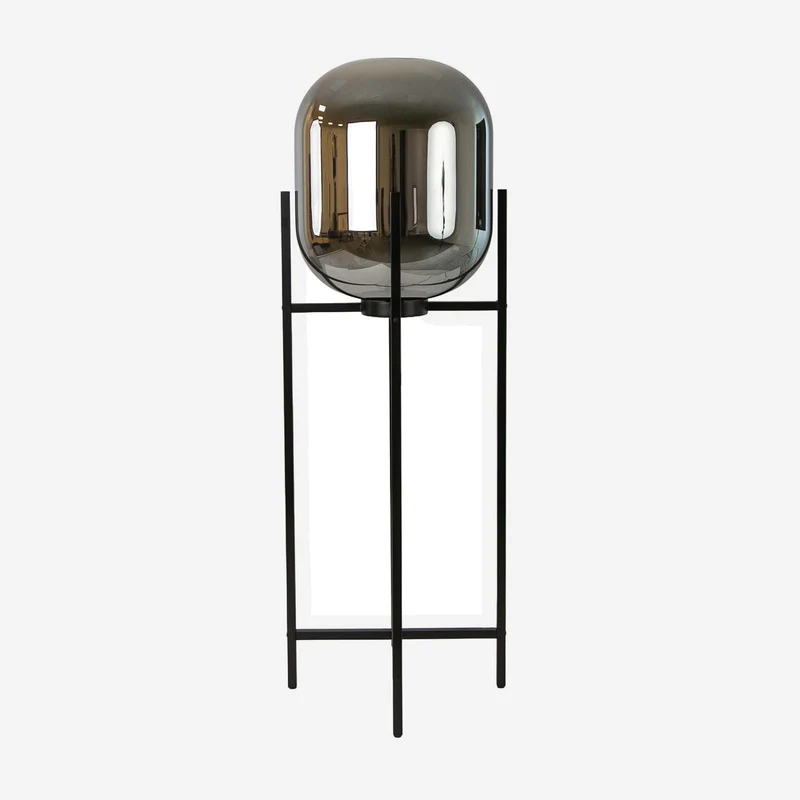 Grey smoked mirror glass and black steel floor lamp