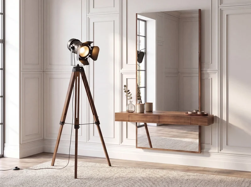 Walnut-coloured wood and black steel tripod spotlight floor lamp