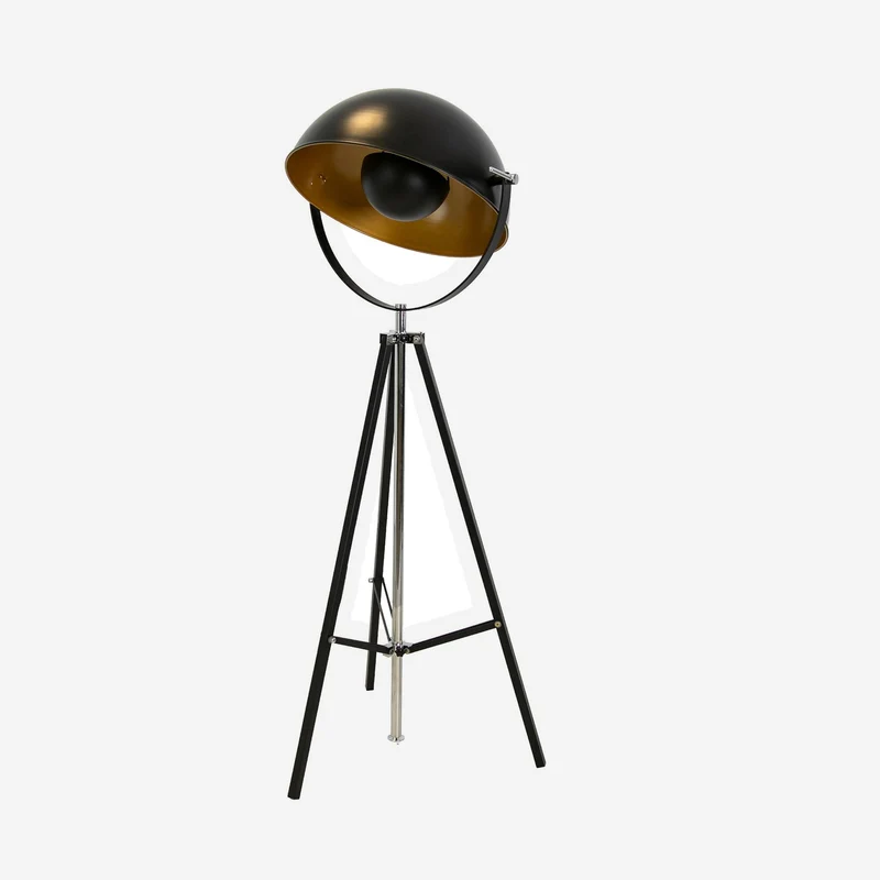Height-adjustable black steel tripod floor lamp with gold shade