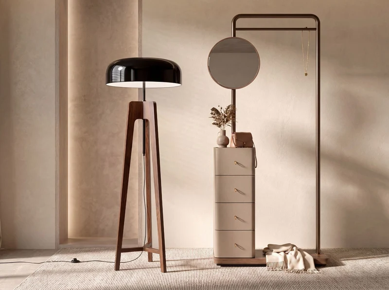 Walnut-coloured wood floor lamp with black and white aluminium shade