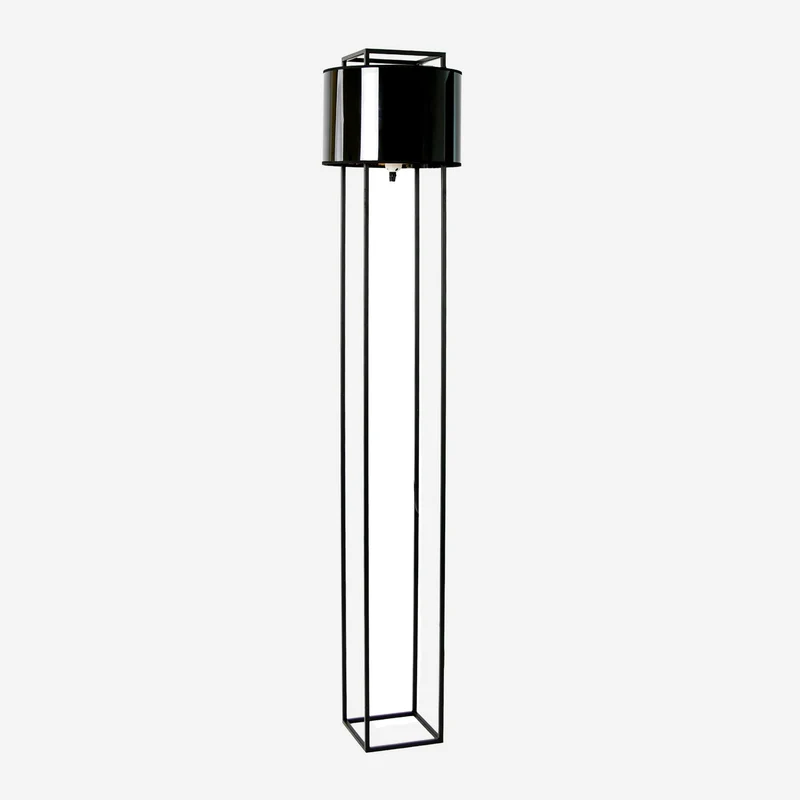 Black steel floor lamp with black PVC shade and gold interior