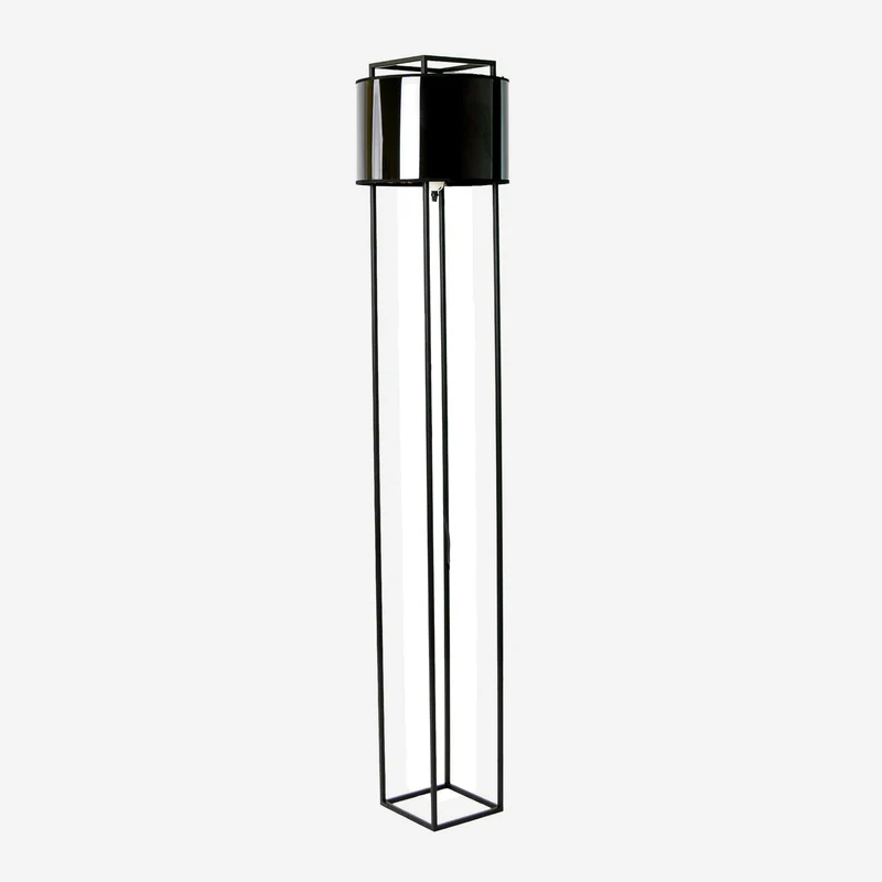 Black steel floor lamp with black PVC shade and gold interior
