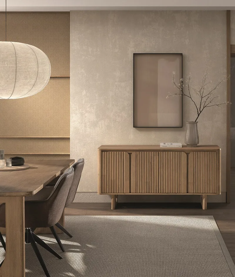 Natural solid wood sideboard with slatted front and arched legs, 160 cm