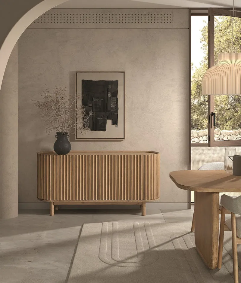 Natural solid wood sideboard with slatted front and curved body, 160 cm