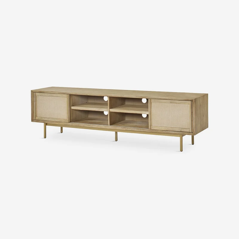 Natural solid wood TV unit with metal legs, 200 cm