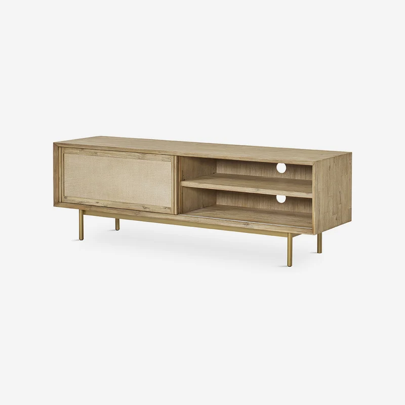 Natural solid wood TV unit with metal legs, 165 cm