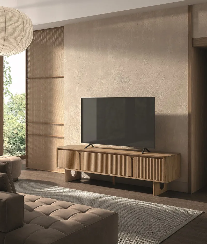 Natural solid wood TV unit with slatted drawers and arched legs, 200 cm