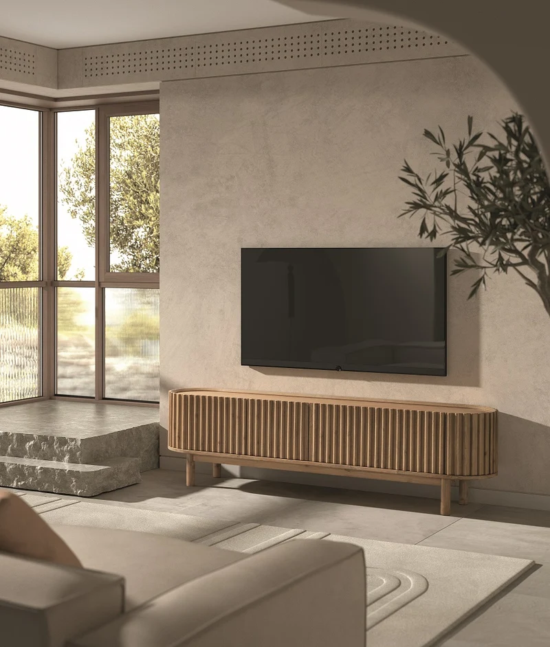 Natural solid wood TV unit with slatted front and straight legs, 200 cm