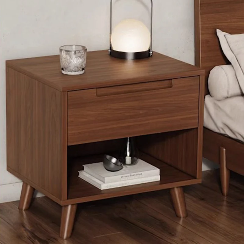 Modern Minimalist Rectangular Rubberwood Plywood Nightstand 1/2 Drawer For Bedroom