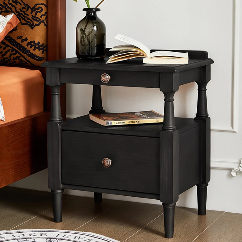 Contemporary Retro Ash Wood Pine Wood Hardware Rectangular Nightstand 2-Drawer Tier For Bedside