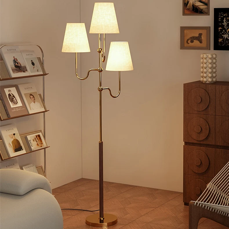 Traditional French Cone Iron Fabric Wood 3-Light Standing Floor Lamp For Bedroom