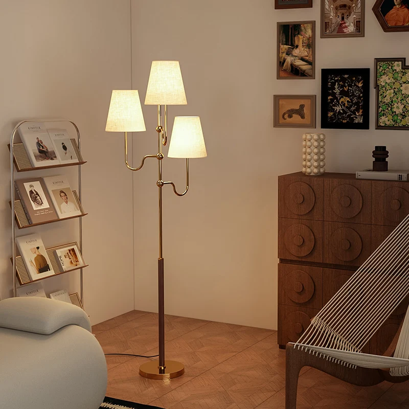 Traditional French Cone Iron Fabric Wood 3-Light Standing Floor Lamp For Bedroom