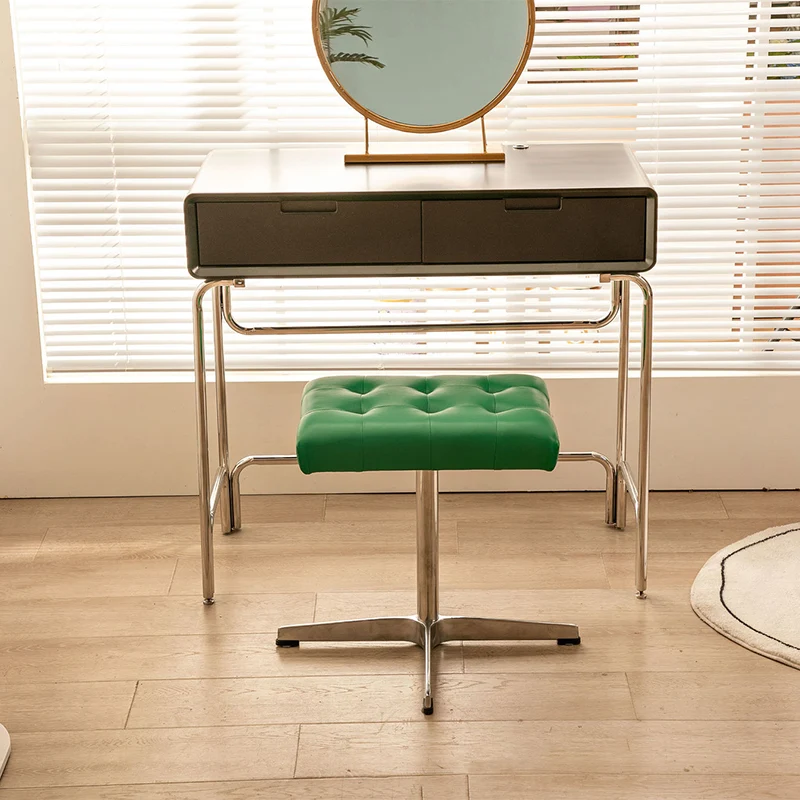 Traditional European Rectangular Faux Leather Stainless Steel Aluminum Vanity Stool For Bedroom