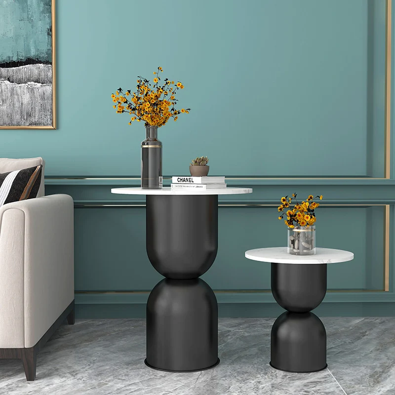 Contemporary Scandinavian Cylinder Round Marble Iron End Table 1-Tier For Living Room