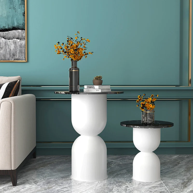 Contemporary Scandinavian Cylinder Round Marble Iron End Table 1-Tier For Living Room