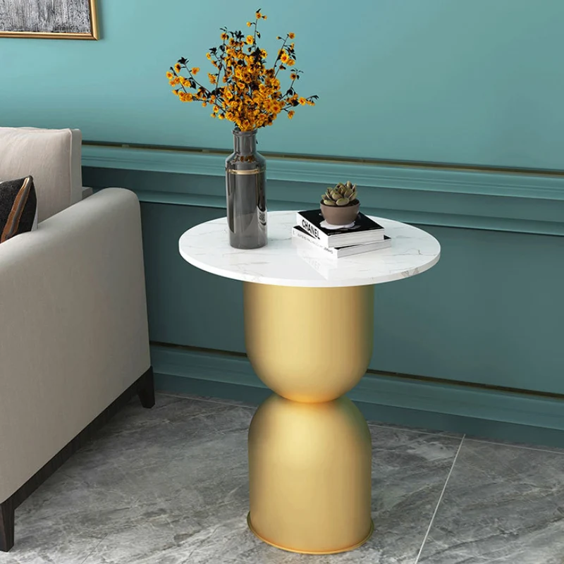 Contemporary Scandinavian Cylinder Round Marble Iron End Table 1-Tier For Living Room