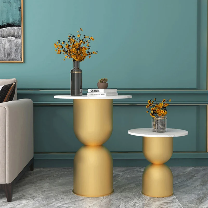 Contemporary Scandinavian Cylinder Round Marble Iron End Table 1-Tier For Living Room