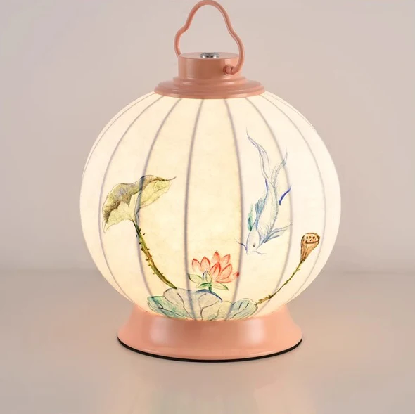 Traditional Chinese Round Ball Painting Portable Imitation Silk Lampshade Hardware 1 - Light Table Lamp For Living Room