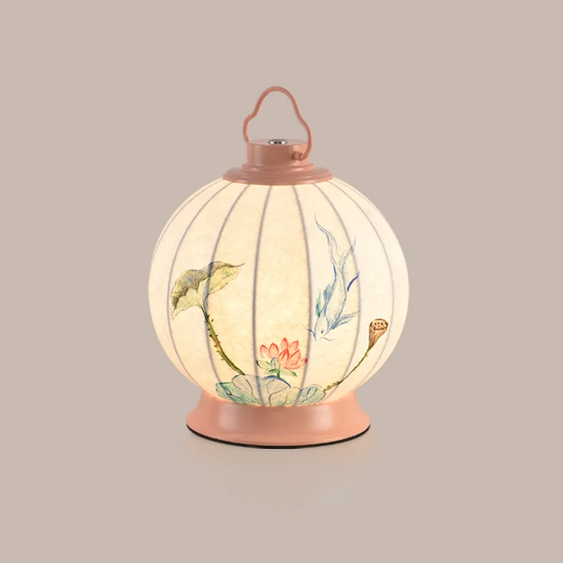Traditional Chinese Round Ball Painting Portable Imitation Silk Lampshade Hardware 1 - Light Table Lamp For Living Room