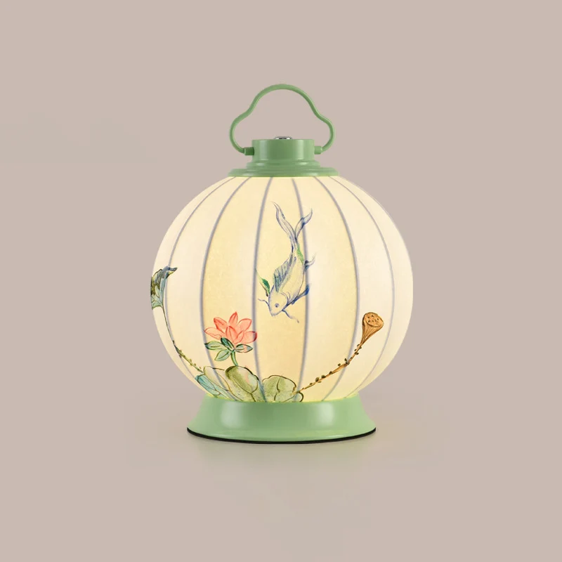 Traditional Chinese Round Ball Painting Portable Imitation Silk Lampshade Hardware 1 - Light Table Lamp For Living Room