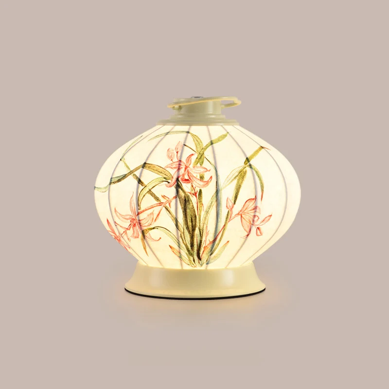 Traditional Chinese Round Ball Painting Portable Imitation Silk Lampshade Hardware 1 - Light Table Lamp For Living Room